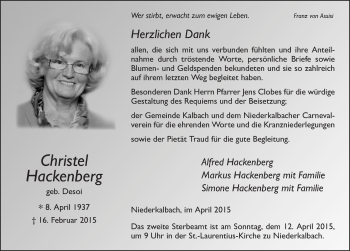 Traueranzeige von Christel Hackenberg 