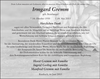 Traueranzeige von Irmgrad Gremm 