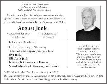 Traueranzeige von August Junk 