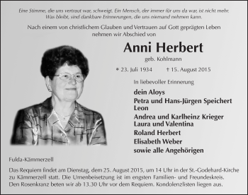 Traueranzeige von Anni Herbert 