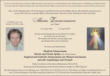 Traueranzeige von Maria Zimmermann 