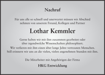 Traueranzeige von Lothar Kemmler 