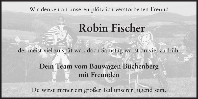  Traueranzeige für Robin Fischer vom 07.10.2015 aus 