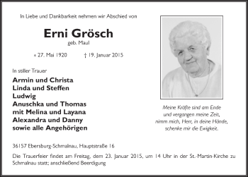 Traueranzeige von Erni Grösch 