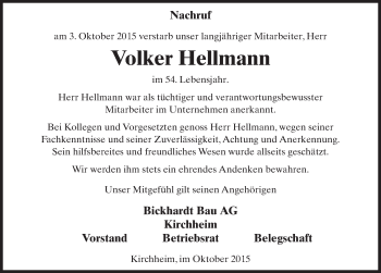 Traueranzeige von Volker Hellmann 