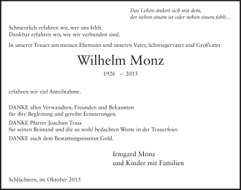 Traueranzeige von Wilhelm Monz 