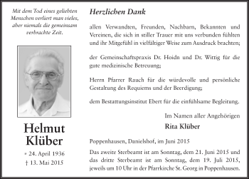 Traueranzeige von Helmut Klüber 