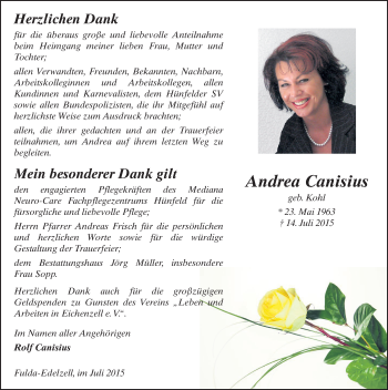 Traueranzeige von Andrea Canisius 