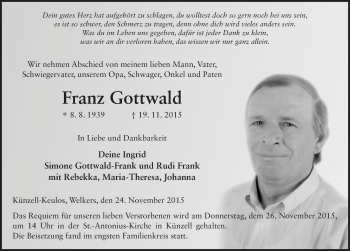 Traueranzeige von Franz Gottwald 