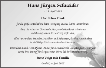 Traueranzeige von Hans Jürgen Schneider 