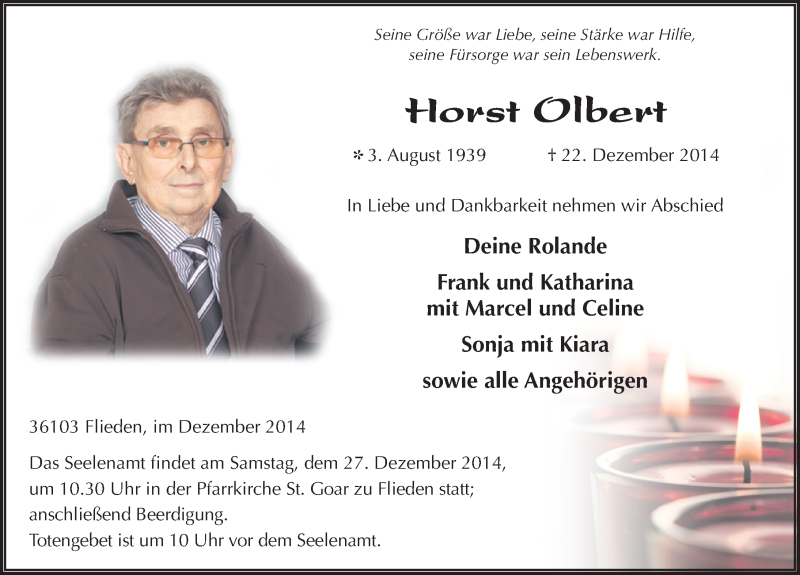  Traueranzeige für Horst Olbert vom 24.12.2014 aus 