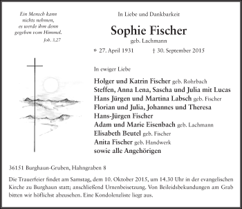 Traueranzeige von Sophie Fischer 