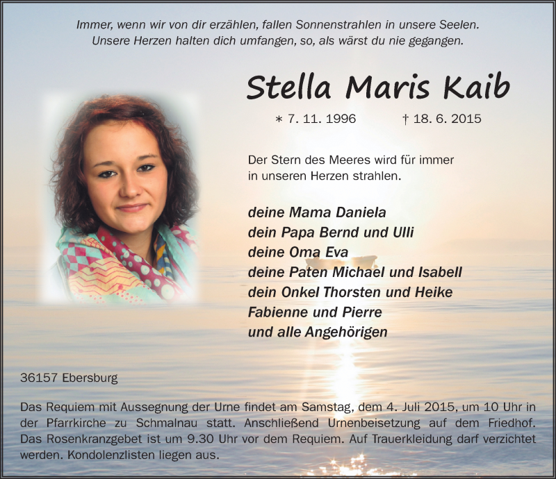  Traueranzeige für Stella Maris Kaib vom 01.07.2015 aus 