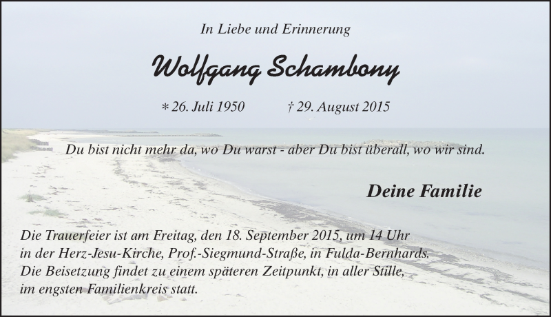  Traueranzeige für Wolfgang Schambony vom 12.09.2015 aus 