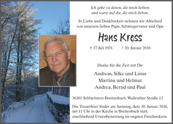 Traueranzeige von Hans Kress 