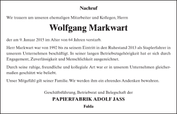 Traueranzeige von Wolfgang Markwart 