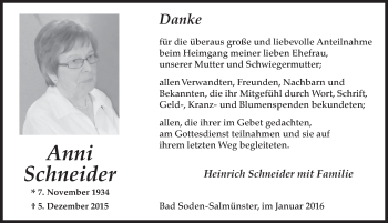 Traueranzeige von Anni Schneider 