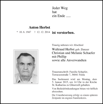 Traueranzeige von Anton Herbst 