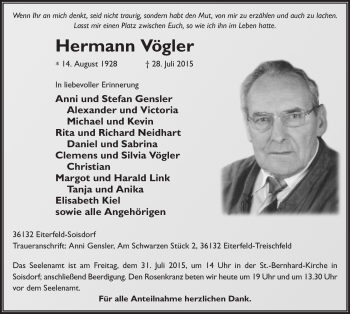 Traueranzeige von Hermann Vögler 