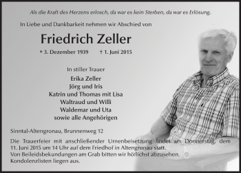 Traueranzeige von Friedrich Zeller 