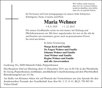 Traueranzeige von Maria Wehner 