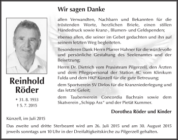 Traueranzeige von Reinhold Röder 
