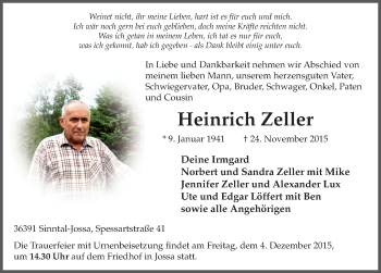 Traueranzeige von Heinrich Zeller 