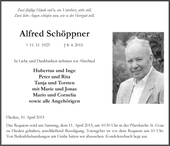 Traueranzeige von Alfred Schöppner 