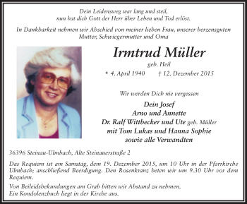 Traueranzeige von Irmtrud Müller 