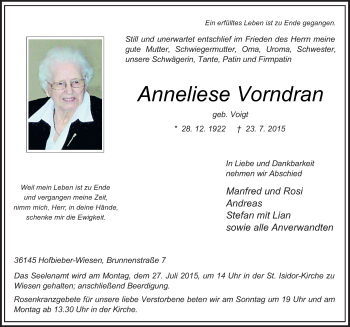 Traueranzeige von Anneliese Vorndran 