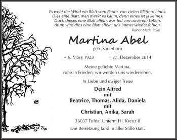 Traueranzeige von Martina Abel 