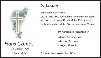 Traueranzeige von Hans Comes 