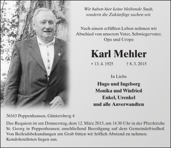 Traueranzeige von Karl Mehler 