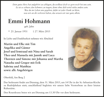 Traueranzeige von Emmi Hohmann von Fuldaer Zeitung