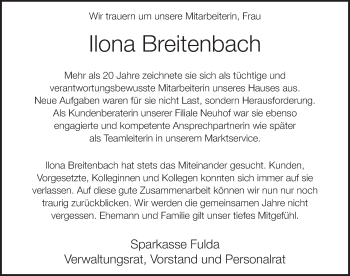 Traueranzeige von Ilona Breitenbach 