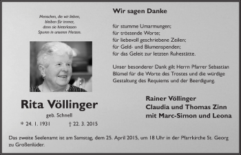 Traueranzeige von Rita Völlinger 