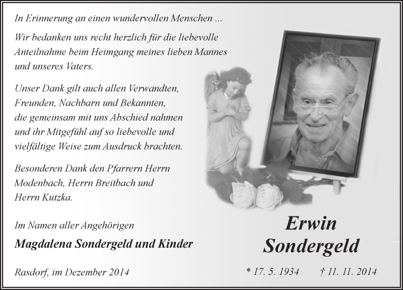  Traueranzeige für Erwin Sondergeld vom 20.12.2014 aus 