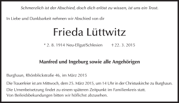 Traueranzeige von Frieda Lüttwitz 