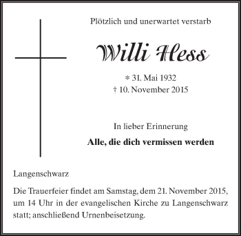 Traueranzeige von Willi Hess 