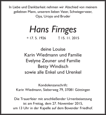 Traueranzeige von Hans Firnges 