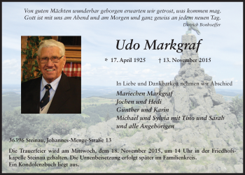 Traueranzeige von Udo Markgraf 