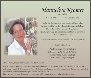 Traueranzeige von Hannelore Kramer 