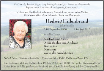 Traueranzeige von Hedwig Hillenbrand 