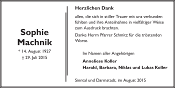 Traueranzeige von Sophie Machnik 