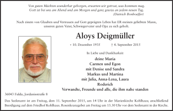 Traueranzeige von Aloys Deigmüller 