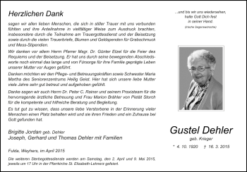 Traueranzeige von Augusta Dehler von Fuldaer Zeitung