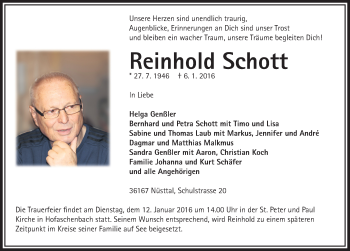 Traueranzeige von Reinhold Schott 