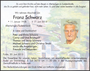Traueranzeige von Franz Schwarz 