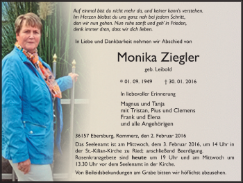 Traueranzeige von Monika Ziegler 