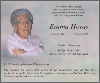 Traueranzeige von Emma Horas 
